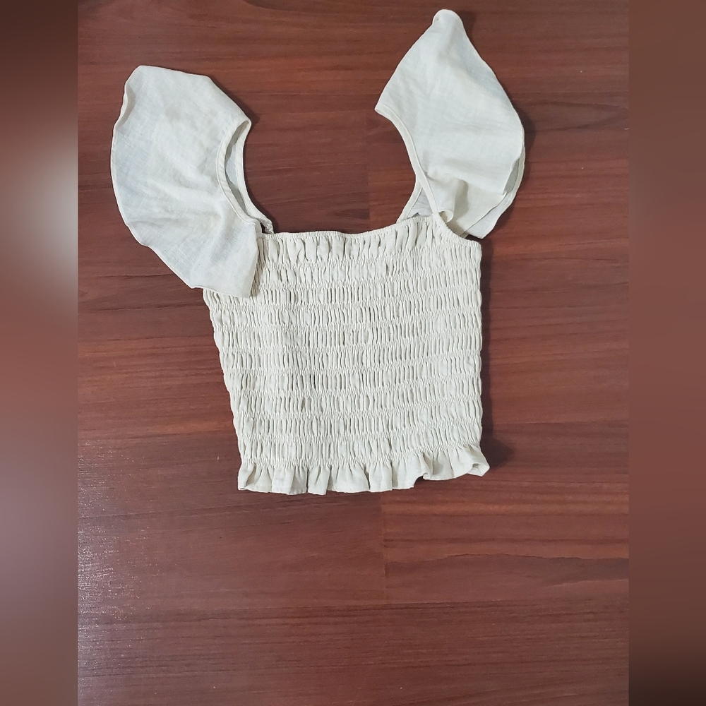 Lulu's Cream Smocked Crop Top with Flutter Sleeves